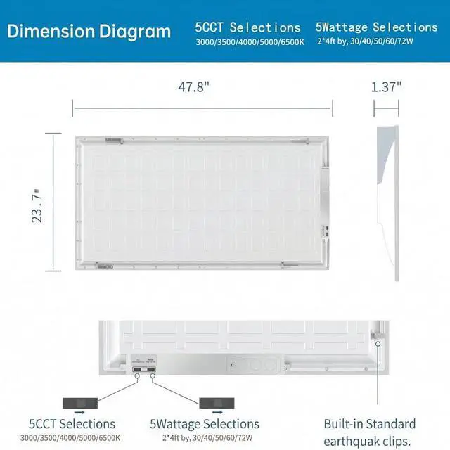Alt view image 5 of 6 - 4 Pack 2x4 LED Flat Panel Light for Drop Ceiling, 9360lm Selectable 30W/40W/50W/60W/72W, Color Temperature 3000K/3500K/4000K/5000K/6500K, 0-10V Dimmable, 120-277V, ETL