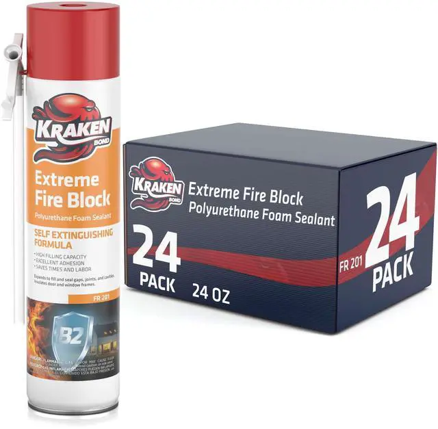 Main image of Extreme Orange Fire Block Foam - (24x24oz) Fire Rated Polyurethane Spray for Gap Filling, Sealing on Windows, Walls, Joints & Pipes, Straw Use High Expansion Fire Proof Foam - 24 Pack
