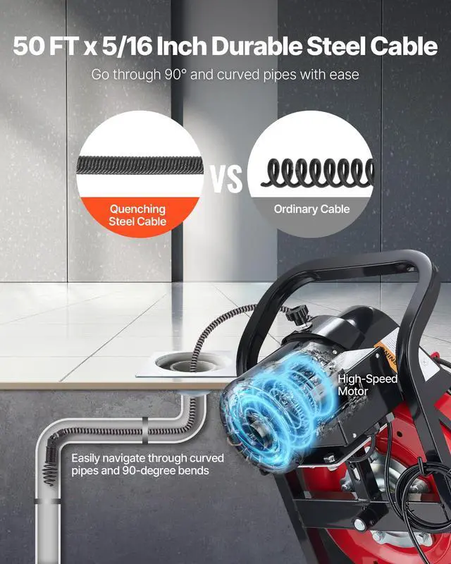 Alt view image 3 of 6 - Drain Cleaner Machine 50 FT x 5/16 Inch, Auto Feed Sewer Snake Auger with 4 Cutters & Air-Activated Foot Switch for 2" to 4" Pipes