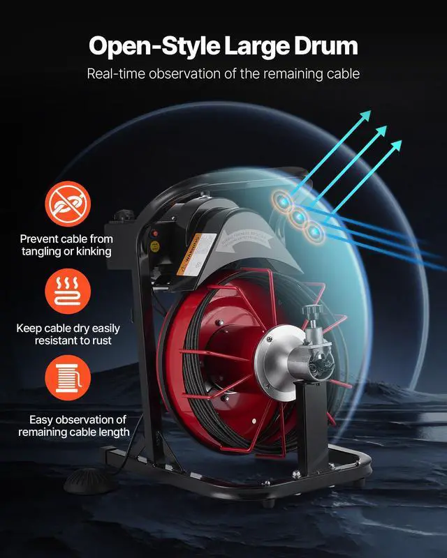 Alt view image 4 of 6 - Drain Cleaner Machine 50 FT x 5/16 Inch, Auto Feed Sewer Snake Auger with 4 Cutters & Air-Activated Foot Switch for 2" to 4" Pipes