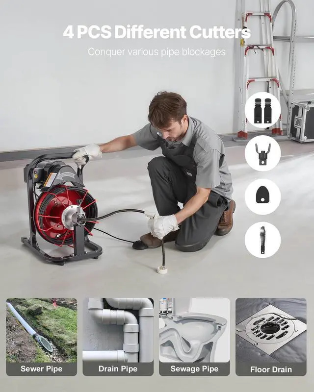 Alt view image 5 of 6 - Drain Cleaner Machine 50 FT x 5/16 Inch, Auto Feed Sewer Snake Auger with 4 Cutters & Air-Activated Foot Switch for 2" to 4" Pipes
