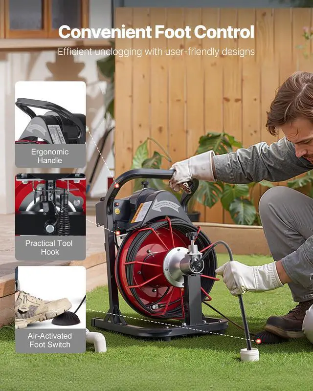 Alt view image 6 of 6 - Drain Cleaner Machine 50 FT x 5/16 Inch, Auto Feed Sewer Snake Auger with 4 Cutters & Air-Activated Foot Switch for 2" to 4" Pipes