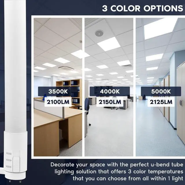 Alt view image 2 of 6 - U Bend LED Tube Light, T8 T12, 17.5W (32W Equivalent), 3 Colors 3500K | 4000K | 5000K, 2100 Lumens, Fluorescent Light Tube Replacement, Direct or Ballast Bypass, UL Certified, G13 Base, 6-Pack