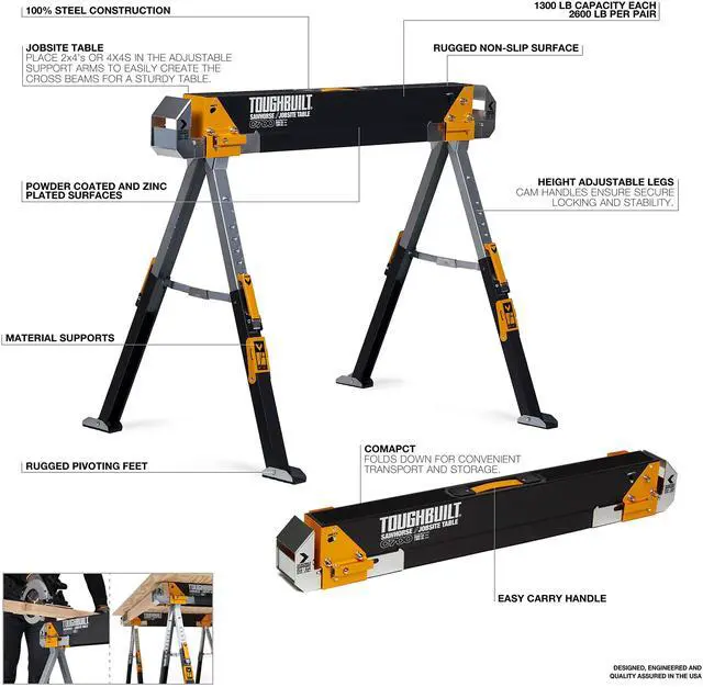 Alt view image 2 of 6 - Folding Sawhorse & Jobsite Table, Heavy-Duty and Adjustable Work Support with 2x4 Lumber Compatibility for Construction, Carpentry & DIY Projects, 2 Pack (TB-C700-2)