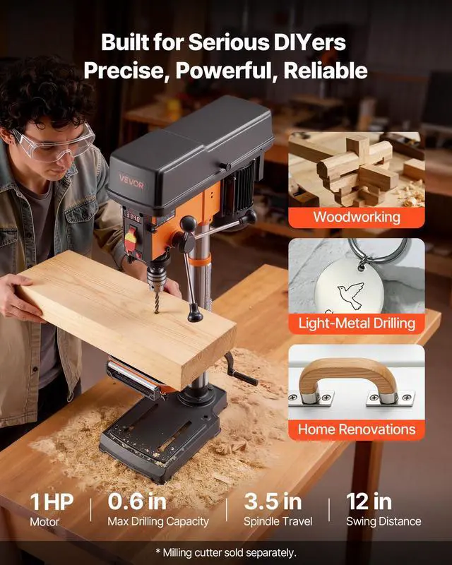 Alt view image 2 of 6 - 12-Inch Benchtop Drill Press, 6.2 Amp, 1 HP Bench Drill Press, 530 to 3140 RPM Variable Speed, 0-45° Tilting Worktable, with Laser and LED Work Light, Tabletop Drilling Machine, for Wood Metal