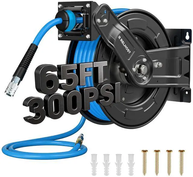 Main image of Retractable Air Hose Reel, 65ft x 3/8in Hybrid Air Hose (300PSI), Heavy Duty Compressor Hose Reel, Auto Rewind - Wall/Ceiling Mount for Workshops