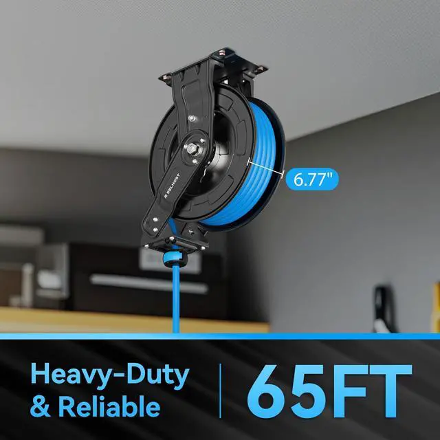 Alt view image 3 of 6 - Retractable Air Hose Reel, 65ft x 3/8in Hybrid Air Hose (300PSI), Heavy Duty Compressor Hose Reel, Auto Rewind - Wall/Ceiling Mount for Workshops