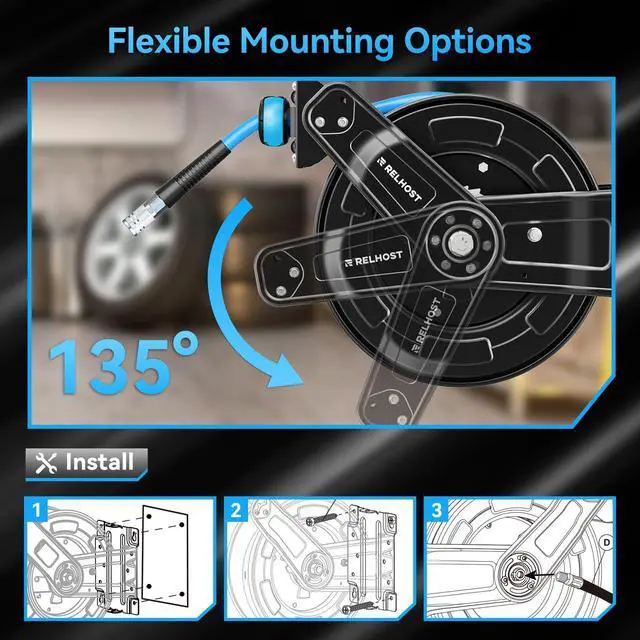 Alt view image 4 of 6 - Retractable Air Hose Reel, 65ft x 3/8in Hybrid Air Hose (300PSI), Heavy Duty Compressor Hose Reel, Auto Rewind - Wall/Ceiling Mount for Workshops