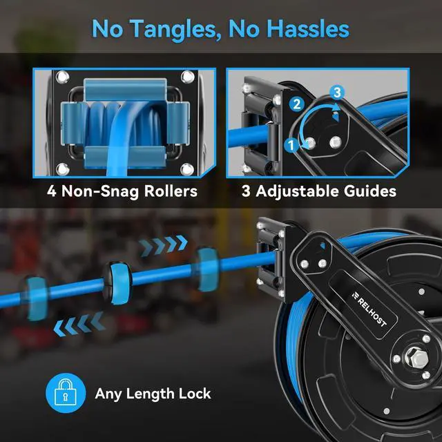 Alt view image 5 of 6 - Retractable Air Hose Reel, 65ft x 3/8in Hybrid Air Hose (300PSI), Heavy Duty Compressor Hose Reel, Auto Rewind - Wall/Ceiling Mount for Workshops