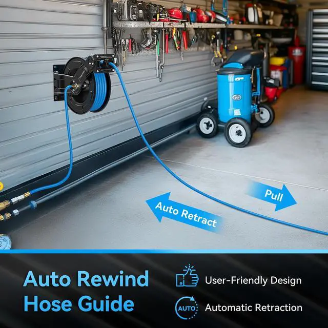 Alt view image 6 of 6 - Retractable Air Hose Reel, 65ft x 3/8in Hybrid Air Hose (300PSI), Heavy Duty Compressor Hose Reel, Auto Rewind - Wall/Ceiling Mount for Workshops