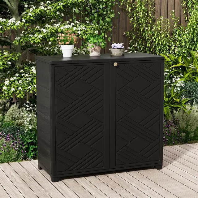 Alt view image 2 of 6 - Outdoor Storage Cabinet Waterproof, 60 Gallon Resin Outdoor Storage Shed for Patio/Garden/Backyard, Outdoor Storage Box for Cushions,Garden Tools and Pool Supplies(Black W/O Shelving)