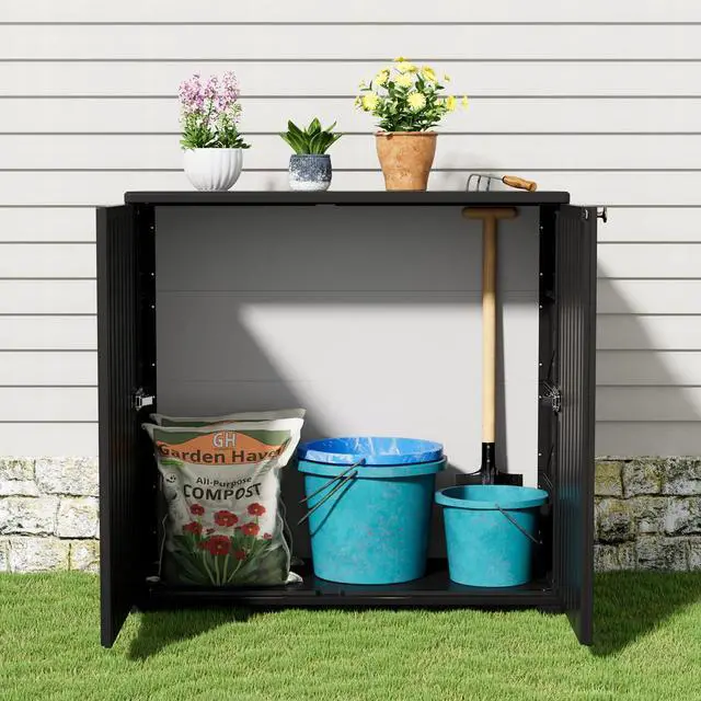 Alt view image 4 of 6 - Outdoor Storage Cabinet Waterproof, 60 Gallon Resin Outdoor Storage Shed for Patio/Garden/Backyard, Outdoor Storage Box for Cushions,Garden Tools and Pool Supplies(Black W/O Shelving)