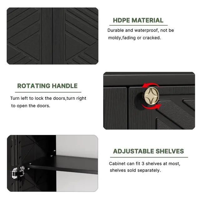 Alt view image 5 of 6 - Outdoor Storage Cabinet Waterproof, 60 Gallon Resin Outdoor Storage Shed for Patio/Garden/Backyard, Outdoor Storage Box for Cushions,Garden Tools and Pool Supplies(Black W/O Shelving)