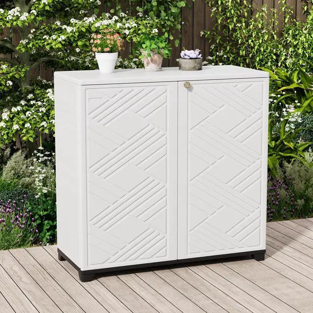 Alt view image 2 of 6 - Outdoor Storage Cabinet Waterproof, 60 Gallon Resin Outdoor Storage Shed for Patio/Garden/Backyard, Outdoor Storage Box for Cushions,Garden Tools and Pool Supplies(White W/O Shelving)