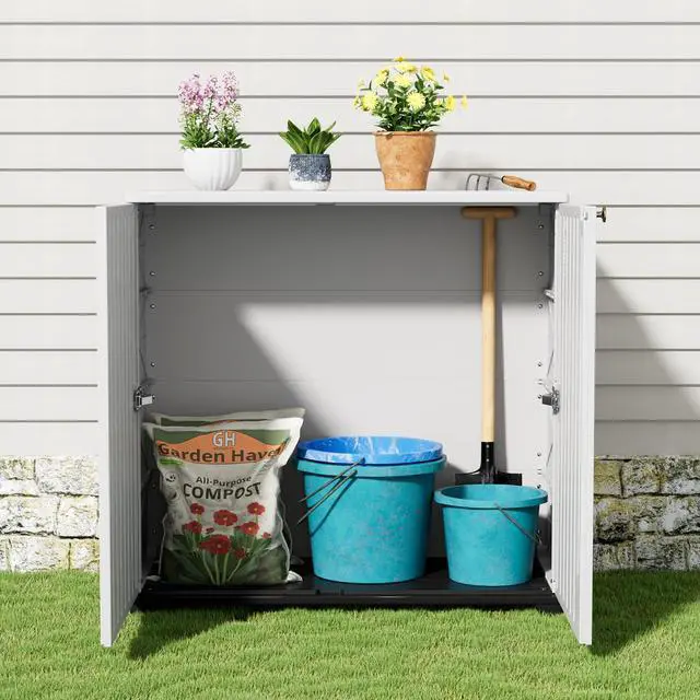 Alt view image 4 of 6 - Outdoor Storage Cabinet Waterproof, 60 Gallon Resin Outdoor Storage Shed for Patio/Garden/Backyard, Outdoor Storage Box for Cushions,Garden Tools and Pool Supplies(White W/O Shelving)