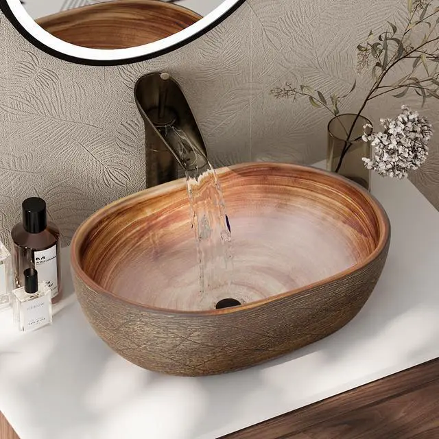 Alt view image 6 of 6 - Bathroom Vessel Sink, 18.82" Oval Bowl Sink Retro Ceramic Washbasin Above Counter for Bathroom,Without Pop-up Drain, Pack of 2