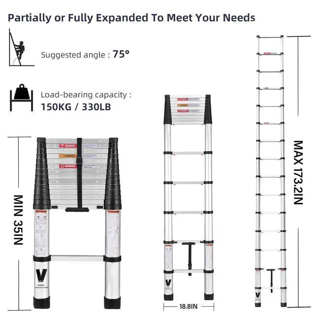 Alt view image 2 of 6 - Telescoping Extension Ladder,14.5FT Aluminum Telescopic Ladders One Button Retraction Slow Down for Outdoor Indoor Use (14.5FT ONE Button)