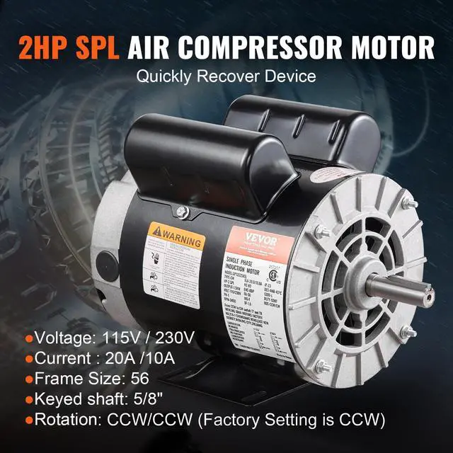 Alt view image 2 of 6 - 2HP Air Compressor Electric Motor, 115/230V, 20/10 Amps, 56 Frame 3450RPM, 5/8" Keyed Shaft, 1.88" Shaft Length, Single Phase, CCW/CW (Factory Setting is CCW)