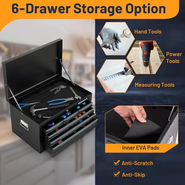 Alt view image 3 of 6 - Tool Box, 24 6-Drawers Steel Tool Chest w/Top Tool Tray,Automatic Lock, Protective Liners, Handle, Smooth Ball Bearing Sides, Portable Tool Storage Organizer, Toolbox for Garage Workshop