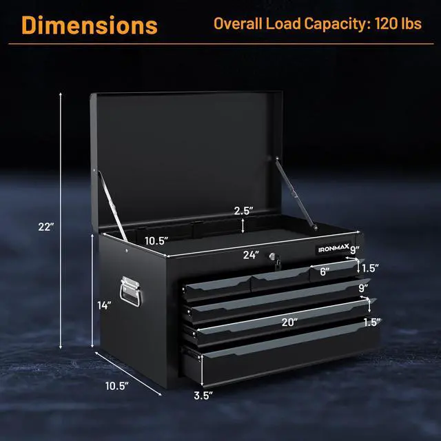 Alt view image 6 of 6 - Tool Box, 24 6-Drawers Steel Tool Chest w/Top Tool Tray,Automatic Lock, Protective Liners, Handle, Smooth Ball Bearing Sides, Portable Tool Storage Organizer, Toolbox for Garage Workshop