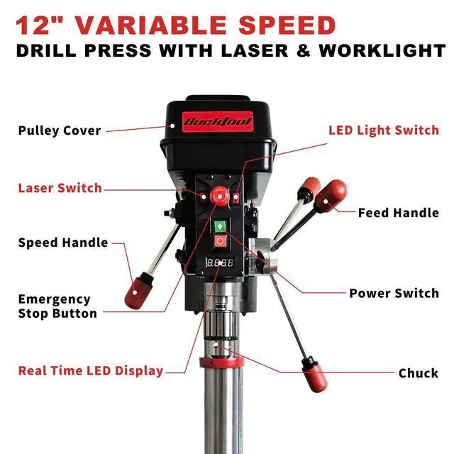Alt view image 4 of 6 - 12'' 6 Pole Motor Variable Speed Benchtop Drill Press 3602000RPM, 3/4HP Powerful Bench Drill Press with Laser and Worklight, Low Speed Tabletop Drilling Machine for Metalworking, Woodworking