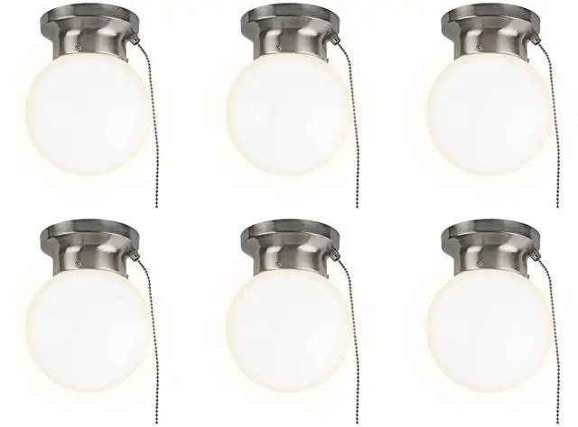 Main image of 6" Utility LED Glass Flush Mount with Pull Chain - Globe Light Fixture - 500 Lumens 3000K Light Fixture for Closet, Pantry, Shed, Laundry Room - ETL-Certified (Brushed Nickel, 6-Pack)