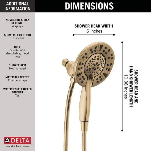 Alt view image 5 of 6 - 4-Setting In2ition 2-in-1 Dual Shower Head with HandHeld Spray, Brushed Gold Detachable Shower Head with Hose, Showerhead, 1.75 GPM Flow Rate, Champagne Bronze 58499-CZ