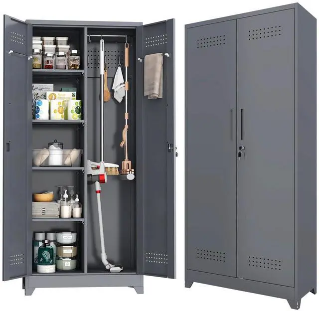 Main image of Metal Storage Cabinet with Lock,72" Garage Storage Cabinets with Hanging Rod & S-Hooks,Large Storage Cabinet with Shelves,Locking Tool Utility Closet for Home,Garage,Utility Room,Dark Grey