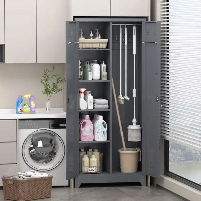 Alt view image 2 of 6 - Metal Storage Cabinet with Lock,72" Garage Storage Cabinets with Hanging Rod & S-Hooks,Large Storage Cabinet with Shelves,Locking Tool Utility Closet for Home,Garage,Utility Room,Dark Grey