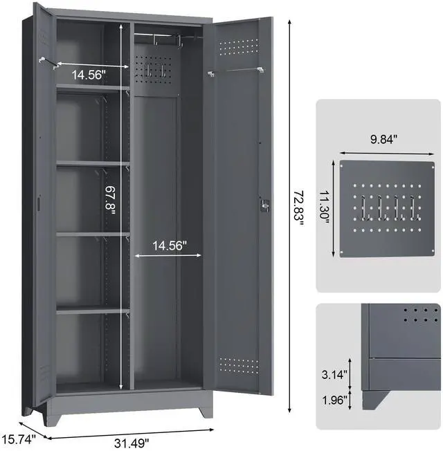 Alt view image 3 of 6 - Metal Storage Cabinet with Lock,72" Garage Storage Cabinets with Hanging Rod & S-Hooks,Large Storage Cabinet with Shelves,Locking Tool Utility Closet for Home,Garage,Utility Room,Dark Grey