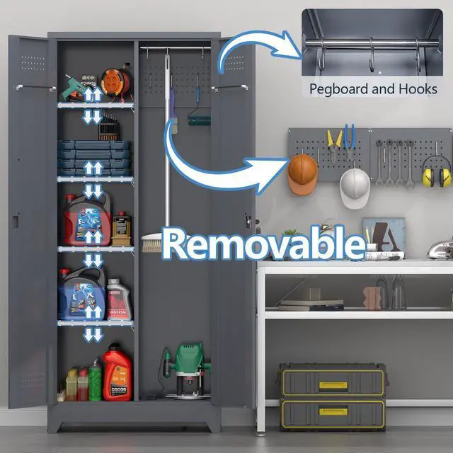 Alt view image 4 of 6 - Metal Storage Cabinet with Lock,72" Garage Storage Cabinets with Hanging Rod & S-Hooks,Large Storage Cabinet with Shelves,Locking Tool Utility Closet for Home,Garage,Utility Room,Dark Grey