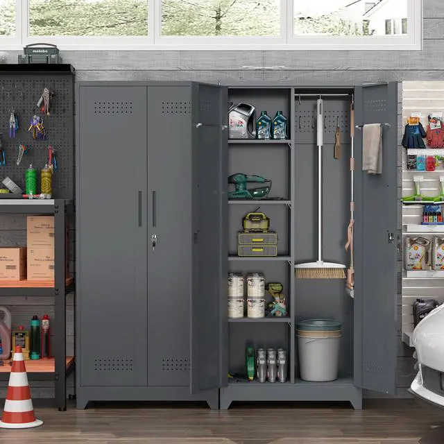 Alt view image 5 of 6 - Metal Storage Cabinet with Lock,72" Garage Storage Cabinets with Hanging Rod & S-Hooks,Large Storage Cabinet with Shelves,Locking Tool Utility Closet for Home,Garage,Utility Room,Dark Grey