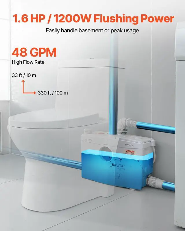 Alt view image 4 of 6 - 1200W Macerator Pump, 48 GPM Flow, 33 ft/10 m Head, Macerator Sewerage Toilet Pump with 4 Water Inlets, Waste Water Disposal Upflush Machine for Toilet, Basement, Shower, Sink, Laundry, Bathtub