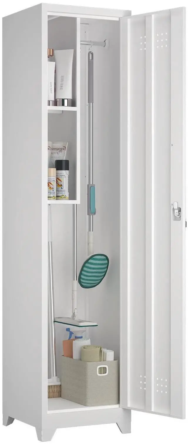 Main image of Slim Broom Storage Cabinets, Metal Cabinet with Shelves and Hanging Rod, 15.75" W Utility Storage Cabinet with Locking Door, Slim Cabinet for Small Spaces, Kitchen, Pantry, Office, Shop