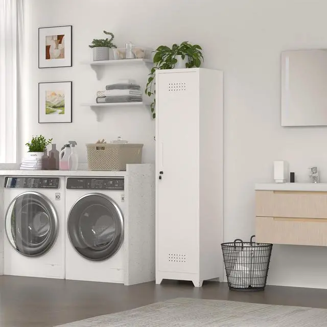 Alt view image 2 of 6 - Slim Broom Storage Cabinets, Metal Cabinet with Shelves and Hanging Rod, 15.75" W Utility Storage Cabinet with Locking Door, Slim Cabinet for Small Spaces, Kitchen, Pantry, Office, Shop