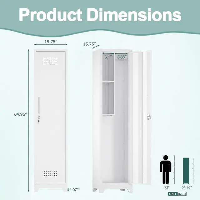 Alt view image 3 of 6 - Slim Broom Storage Cabinets, Metal Cabinet with Shelves and Hanging Rod, 15.75" W Utility Storage Cabinet with Locking Door, Slim Cabinet for Small Spaces, Kitchen, Pantry, Office, Shop