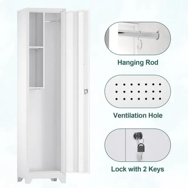 Alt view image 4 of 6 - Slim Broom Storage Cabinets, Metal Cabinet with Shelves and Hanging Rod, 15.75" W Utility Storage Cabinet with Locking Door, Slim Cabinet for Small Spaces, Kitchen, Pantry, Office, Shop