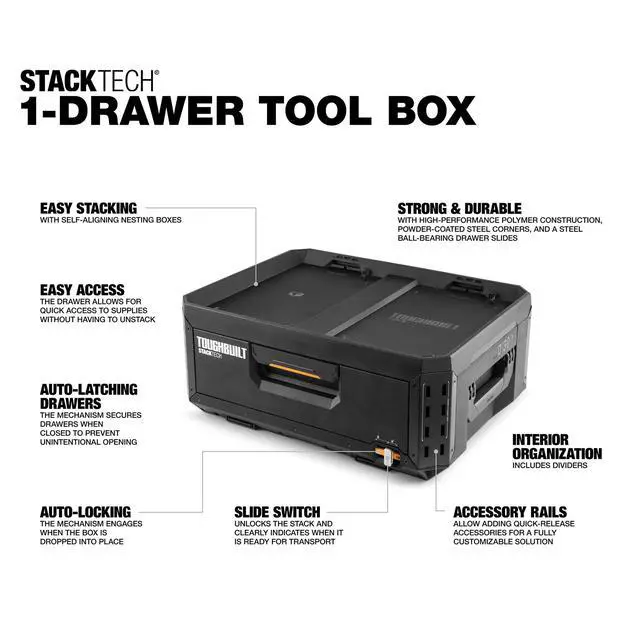 Alt view image 2 of 6 - StackTech 1 Drawer Tool Box, Heavy-Duty Portable Tools Chest, 50 lb Capacity - Stackable Toolbox Storage Organizer with 8 Dividers, Auto-Latching Drawers and Accessory Rails