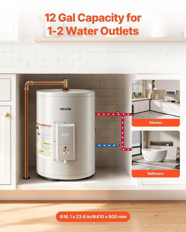 Alt view image 2 of 6 - Electric Tank Water Heater, 12 Gallon, 1600W Point-of-Use Hot Water Heater with LED Display, Knob Control, Side Outlet, 120V Storage Design with T&P Valve for Small Apartments & Studios, Gray