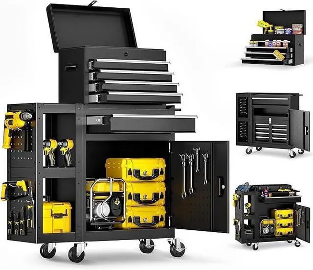 Main image of 5 Drawers Rolling Tool Chest, Tool Box Protective Mat & Tool Rack, Garage Storage Cart with Side Cabinet, Detachable Top Metal Tool with Locking System for Garage