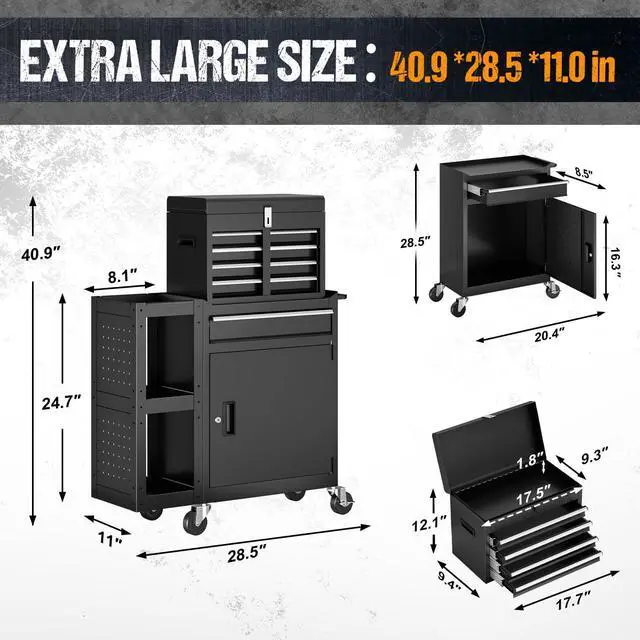 Alt view image 3 of 6 - 5 Drawers Rolling Tool Chest, Tool Box Protective Mat & Tool Rack, Garage Storage Cart with Side Cabinet, Detachable Top Metal Tool with Locking System for Garage
