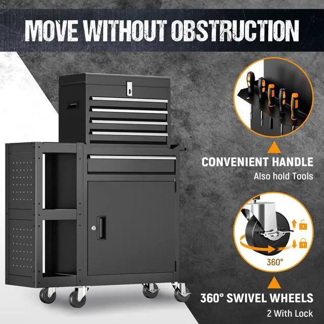 Alt view image 6 of 6 - 5 Drawers Rolling Tool Chest, Tool Box Protective Mat & Tool Rack, Garage Storage Cart with Side Cabinet, Detachable Top Metal Tool with Locking System for Garage