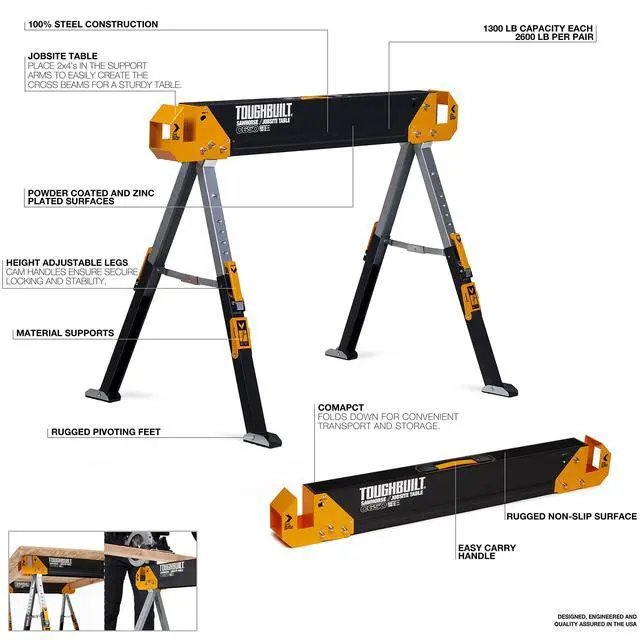 Alt view image 2 of 6 - Folding Sawhorse & Jobsite Table, Heavy-Duty and Adjustable Work Support with 2x4 Lumber Compatibility for Construction, Carpentry & DIY Projects, 2 Pack (TB-C650-2)