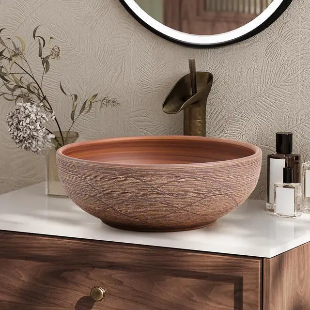 Alt view image 6 of 6 - Bathroom Vessel Sink, 15.07" Round Bowl Sink Retro Ceramic Washbasin Above Counter for Bathroom,Without Pop-up Drain, Pack of 2