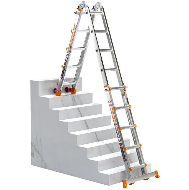 Main image of 17 FT Multi-Position Telescoping Ladder with Wheels, Orange | 5-in-1 modes, aluminum alloy frame, locking hinges, stabilizer bar, anti-slip feet for gutters, walls and outdoor DIY