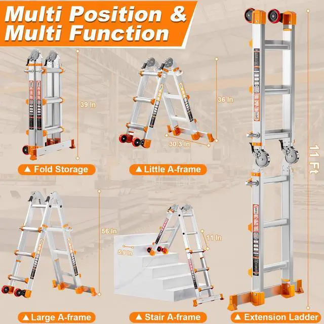 Alt view image 2 of 6 - 17 FT Multi-Position Telescoping Ladder with Wheels, Orange | 5-in-1 modes, aluminum alloy frame, locking hinges, stabilizer bar, anti-slip feet for gutters, walls and outdoor DIY