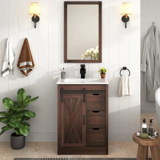 Main image of 24 Inch Bathroom Vanity with Sink & Faucet & Mirror, Farmhouse Bathroom Vanity Cabinet Set with Sliding Barn Door & Drawers, Small Single Bath Storage Vanity Sink, Brown