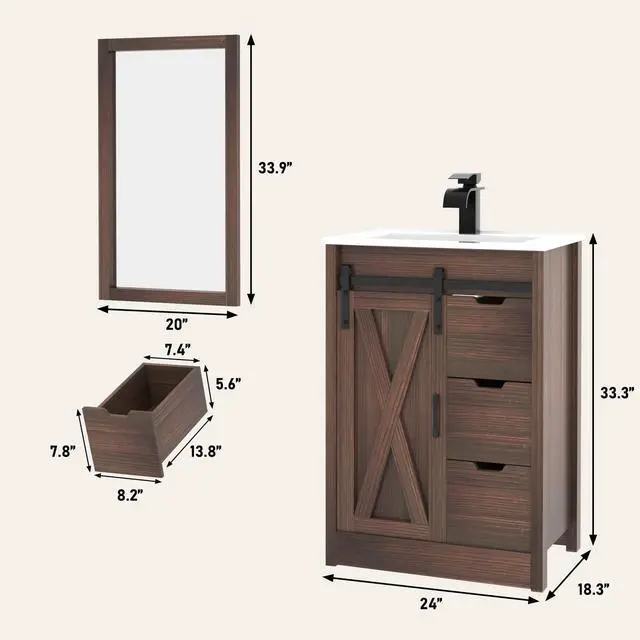Alt view image 2 of 6 - 24 Inch Bathroom Vanity with Sink & Faucet & Mirror, Farmhouse Bathroom Vanity Cabinet Set with Sliding Barn Door & Drawers, Small Single Bath Storage Vanity Sink, Brown