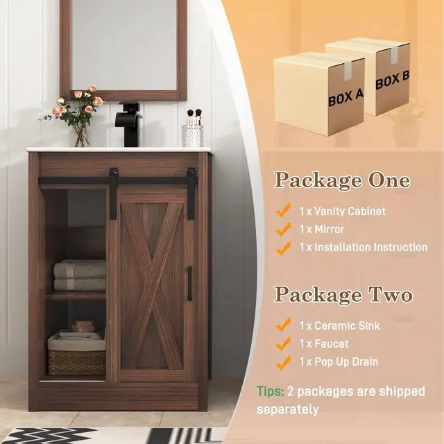 Alt view image 3 of 6 - 24 Inch Bathroom Vanity with Sink & Faucet & Mirror, Farmhouse Bathroom Vanity Cabinet Set with Sliding Barn Door & Drawers, Small Single Bath Storage Vanity Sink, Brown