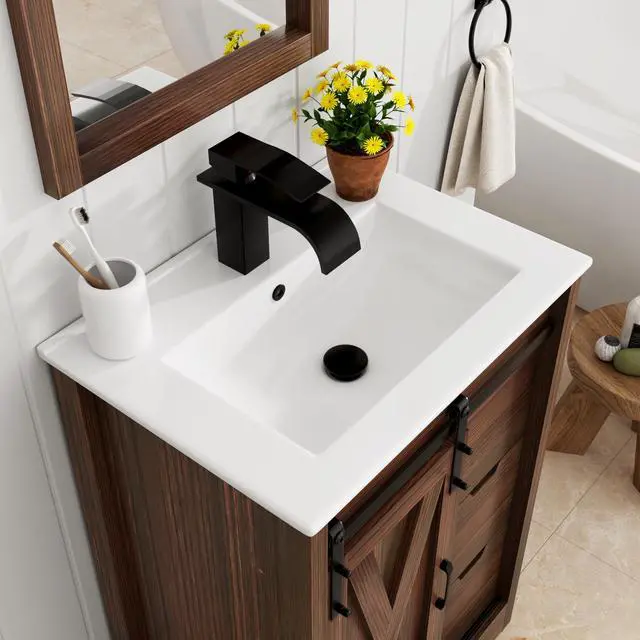 Alt view image 4 of 6 - 24 Inch Bathroom Vanity with Sink & Faucet & Mirror, Farmhouse Bathroom Vanity Cabinet Set with Sliding Barn Door & Drawers, Small Single Bath Storage Vanity Sink, Brown